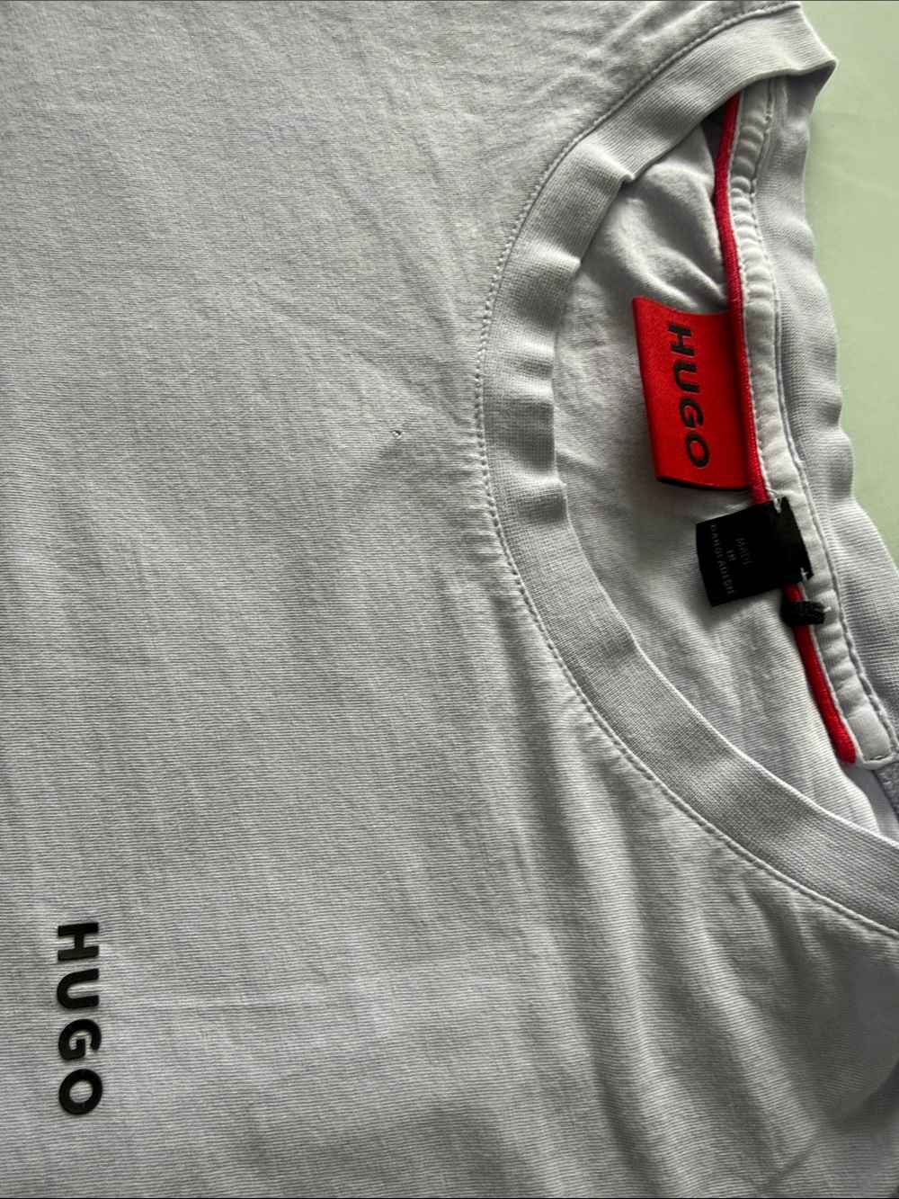 HUGO Light Gray Tee with Red Logo Tag